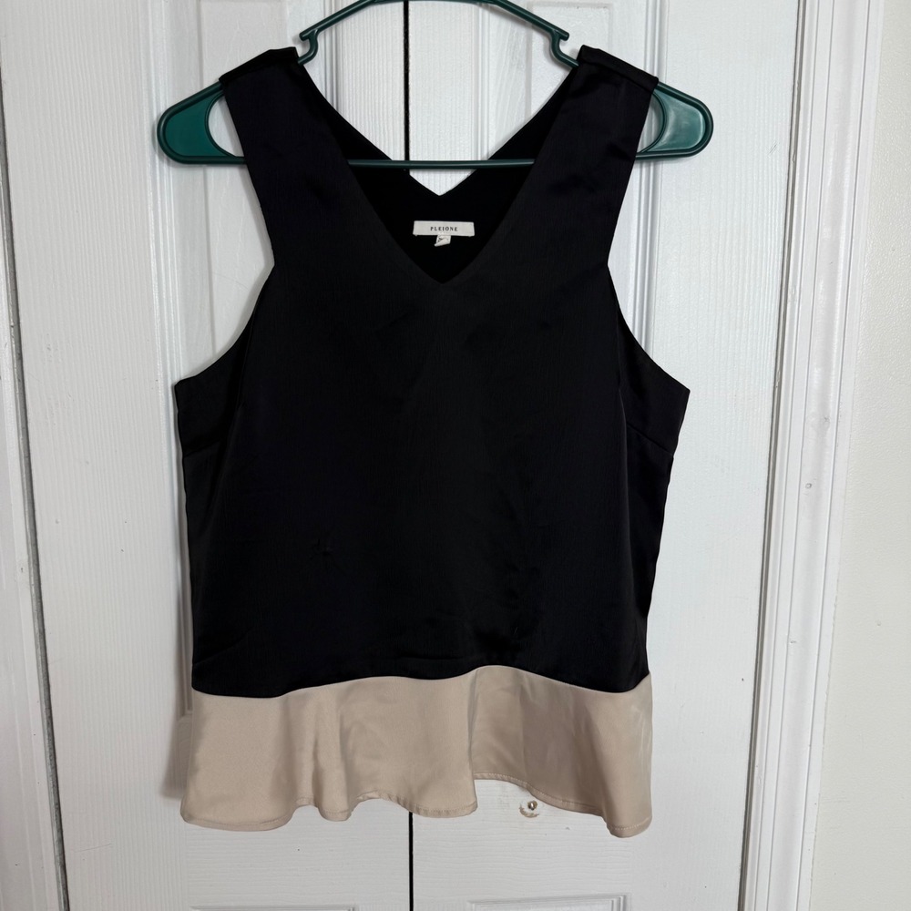 Pleione Colorblock Peplum Tank Top Small Black Tan Minimalist Chic Blouse
